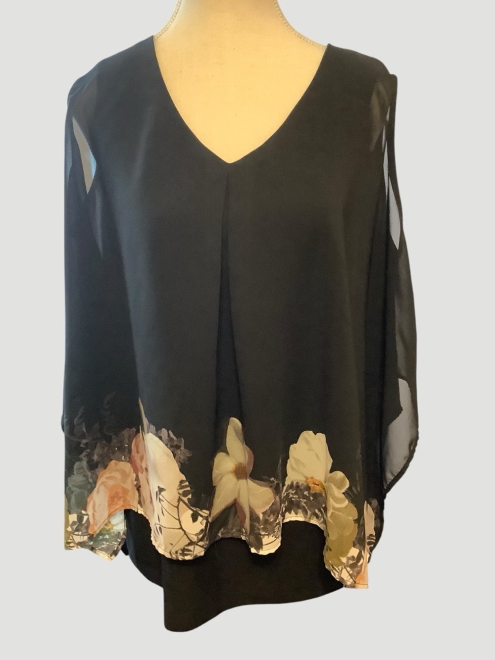 Frank Lyman Designer Black Chiffon Cape Blouse Floral Hem Elegant Overlay Top M